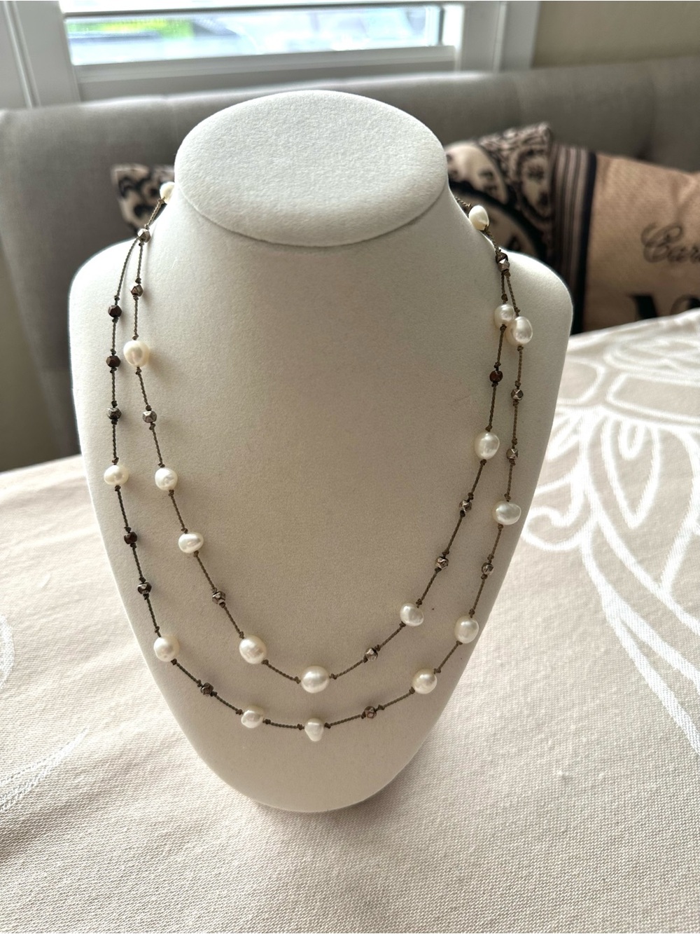 J.Jill Long Pearl Beaded Double Strand Necklace Brown Cord - Picture 2 of 6